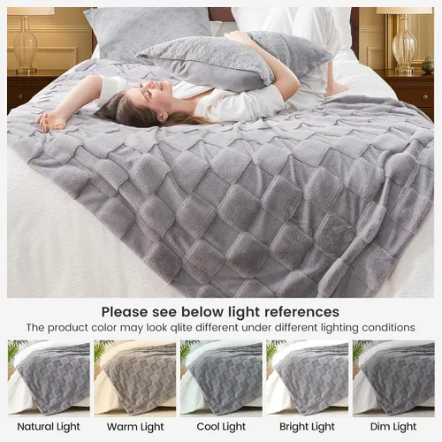 Miniatura 8 de Cozy Bliss Manta de Tiro de Piel Sintética de Conejo a Cuadros Gris, Mantas Suaves Difusas Esponjosas Minky Peludas para Sofá, Cama
