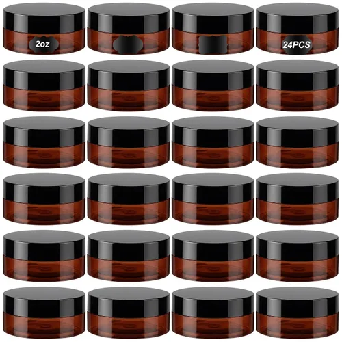 Miniatura 43 de Dandat 24 piezas 8 oz botes de plástico con tapa y etiqueta. Recipientes de muestra de cosméticos redondos ámbar PET recargables y vacíos para Ámbar