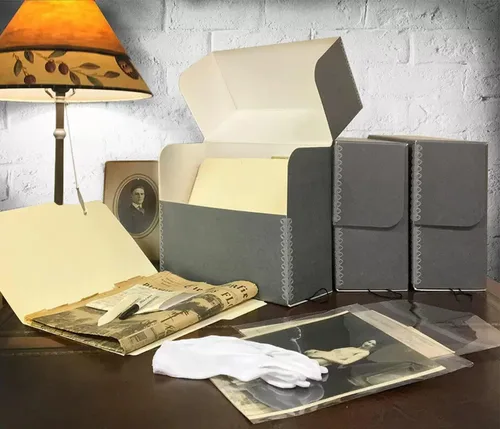 Miniatura 3 de Lineco, Kit de caja de documentos de archivo, 12.5 x 10.5 x 5 pulgadas, papeles para conservar y obras de arte, incluye guantes, carpeta de hueso