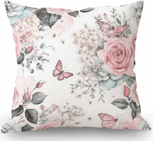 Swono Funda de almohada de flores y hojas rosas, funda de almohada con patrón floral de acuarela, funda de almohada de arpillera de flores y rosas,