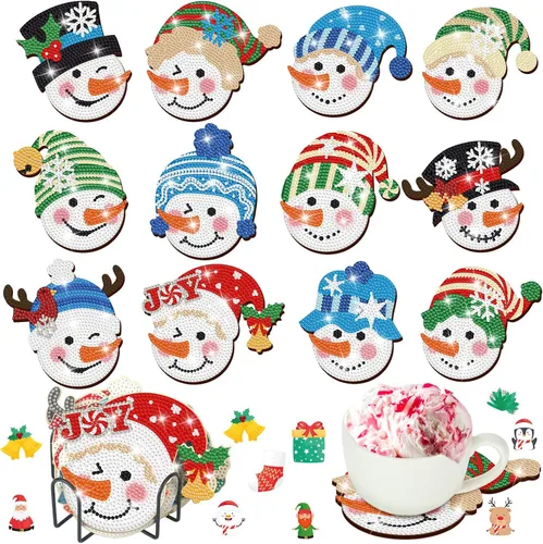 Juego de 12 posavasos de pintura de diamantes de Navidad con soporte para arte de diamantes de Navidad en julio, para adultos, suministros de arte y