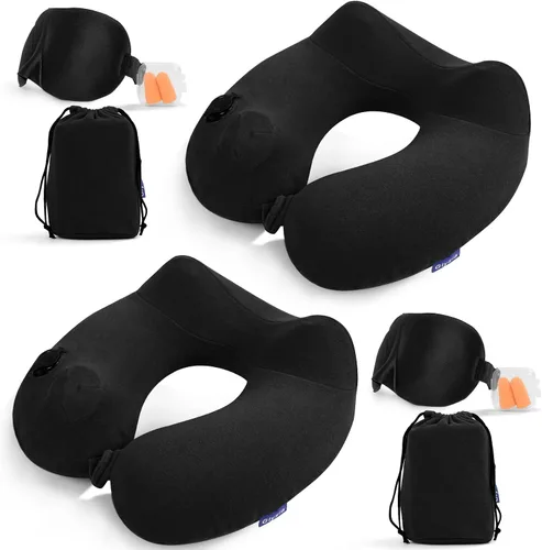 Miniatura 13 de Paquete de 2 almohadas inflables de viaje para el cuello para aviones, almohadas de cuello de terciopelo para adultos para vuelo largo, kit