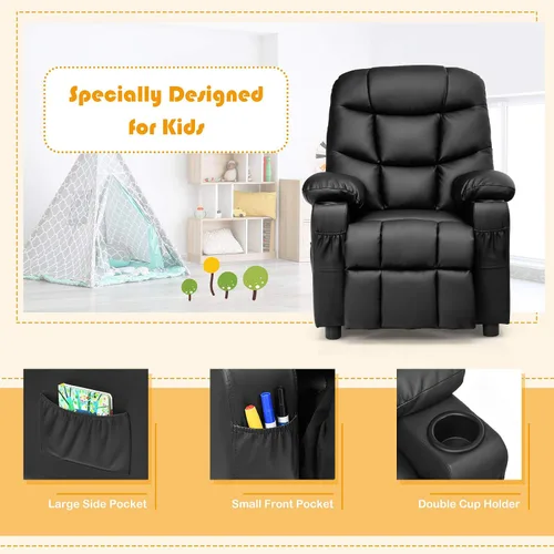 Miniatura 8 de Costzon Silla reclinable para niños con soporte para tazas, silla de salón de cuero ajustable con reposapiés y bolsillos laterales para habitación