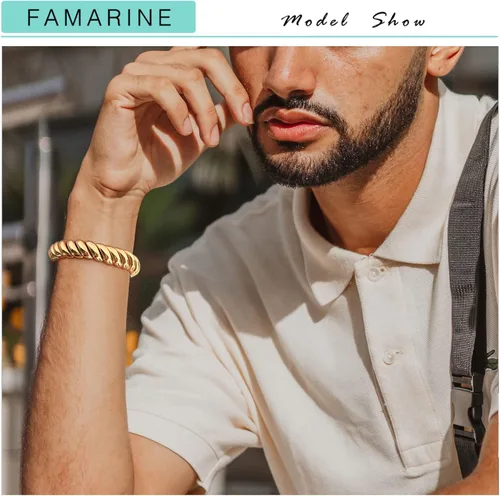 Miniatura 4 de FAMARINE Brazalete trenzado fino o grueso chapado en oro de 14 quilates, pulsera elástica elástica para parejas