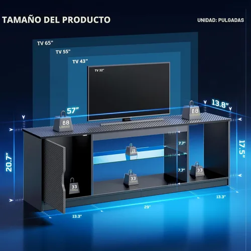 Miniatura 2 de Bestier Soporte de TV LED de 57 pulgadas para televisores de 55/60/65 pulgadas, centro de entretenimiento para juegos con luces RGB, estantes