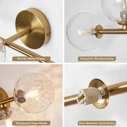 Miniatura 3 de Luminarias de Espejo de Tocador de Baño: Aplique de Pared de Baño Regulable de 5 Luces - Luces de Tocador de Latón Dorado con Pantalla de Vidrio