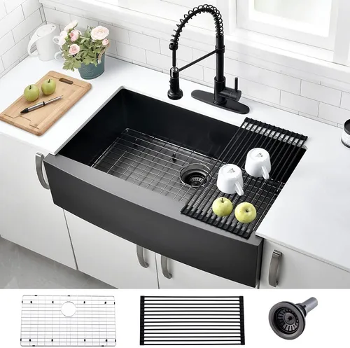 Miniatura 11 de Fregadero de cocina negro de 30 pulgadas con delantal frontal de 30 x 22 pulgadas, acero inoxidable, calibre 16, fregadero frontal curvado
