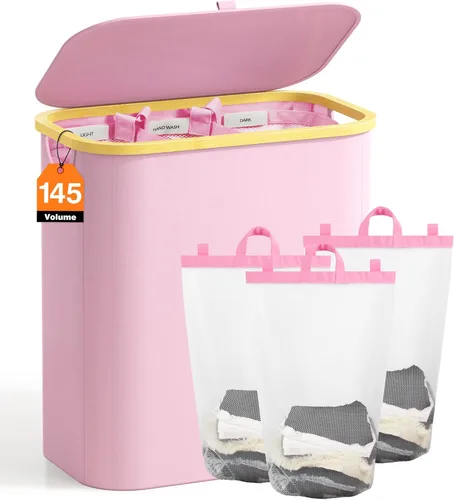Miniatura 9 de Cesta de lavandería con tapa, Bathola, cesta extra grande de 145L, cestas de 3 secciones para ropa sucia, organizador de cestas divididas para Gris