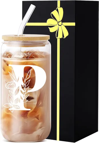 Miniatura 27 de Vaso de vidrio con monograma con tapa, pajita, idea de regalo de moda para amantes del café para mujeres y adolescentes, regalo personalizado