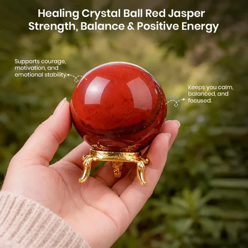 Miniatura 6 de Crocon Bola esférica de piedra de jaspe rojo de 2.165 in con soporte de metal, más de 1400 quilates, esfera de curación, escultura para adivinación