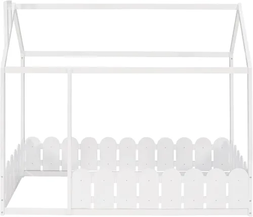 Miniatura 5 de Harper & Bright Designs Camas de casa para niños, cama de piso individual con valla de madera, marco de cama de cabaña que se puede decorar