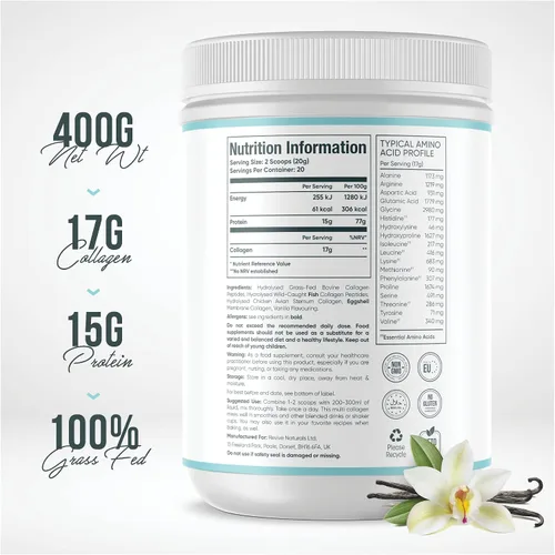 Miniatura 2 de Revive Naturals Polvo de proteína de colágeno múltiple de vainilla - 400g - Sin azúcar - 5 tipos de péptidos de colágeno - Hidrolizado, bovino