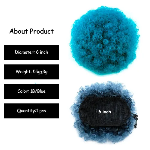 Miniatura 2 de Yinmei Baibian Cola de Caballo con Cordón Afro Puff Degradado Azul Cola de Caballo Corta Moño Alto Puff Pieza de Cabello Rizado Crespo con Clip