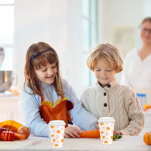 Miniatura 7 de JarThenaAMCS 100 tazas de café desechables de otoño con tapas, taza de papel de calabaza rosa naranja de 16 onzas, taza de papel de calabaza