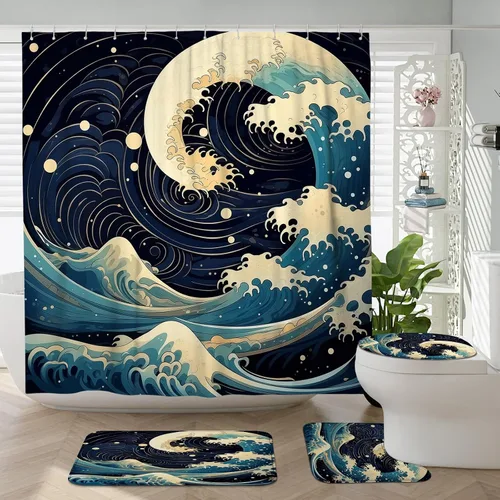 Miniatura 25 de Cortina de ducha japonesa Fuji Mountain de cerezo asiático, cortina de ducha con diseño de anime, decoración de baño, tela de poliéster, 62 x 72 Azul