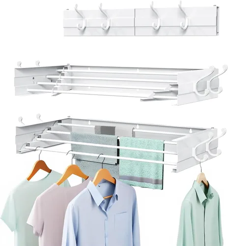 Miniatura 11 de Tendedero de secado para ropa, montaje en pared, plegable, plegable, capacidad de 60 libras, 5 postes de aluminio con 6 ganchos, ahorro de espacio