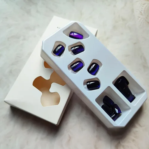 Miniatura 4 de Uñas postizas cortas a presión, color azul oscuro, cuadradas, con purpurina, cobertura completa, uñas artificiales degradadas acrílicas brillantes