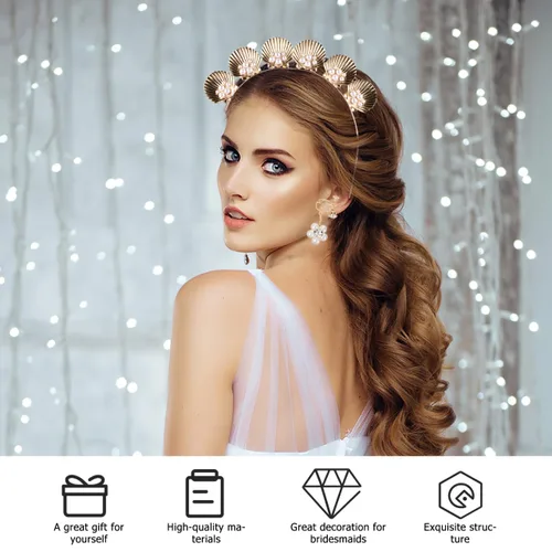 Miniatura 7 de minkissy Diadema de concha de perlas doradas, accesorio para el cabello para mujeres y niñas, vacaciones, boda, fiesta, cosplay, ligero y decorativo