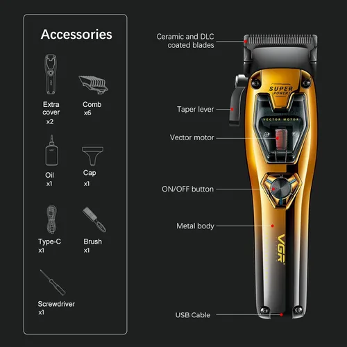 Miniatura 6 de VGR 668 cortapelos para hombres profesionales, 11000 RPM motor vectorial cortapelos de peluquería inalámbrico de cerámica y DLC, kit de corte