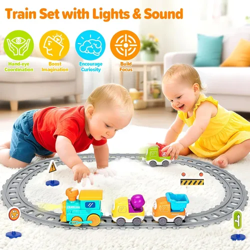 Miniatura 5 de Juego de tren eléctrico para niños pequeños, juguetes realistas de tren de vapor con luces y música para niños, juguetes de camión magnético
