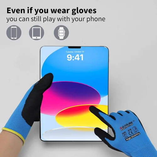 Miniatura 3 de Guantes de trabajo con revestimiento de nitrilo de microespuma, 12 pares, guantes de nailon de punto sin costuras,Guantes de trabajo azules