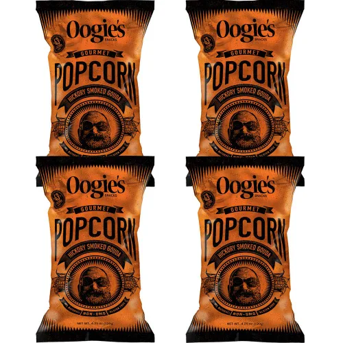 Oogie's Gourmet Popcorn | Paquete de 4 | Sabor Gouda ahumado de nogal | Snacks de palomitas de maíz sin gluten | Bolsa grande de 4.25 onzas