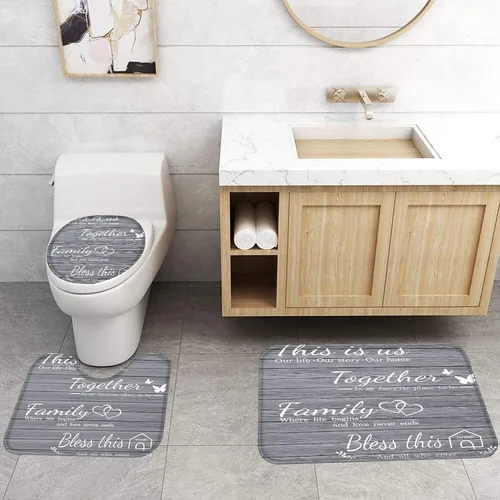 Miniatura 6 de Juego de 4 piezas de cortinas de ducha familiares con alfombras antideslizantes, cubierta para tapa de inodoro y tapete de baño, conjunto negro
