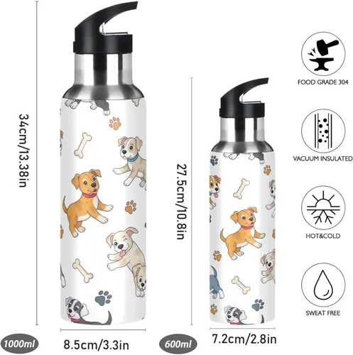 Miniatura 2 de Paw Prints Dog Bones White Stainless Steel Vacuum Insulated Water Bottle 20 Oz Leakproof Water Bottles, BPA-Free Sports Water Bottle with Straw