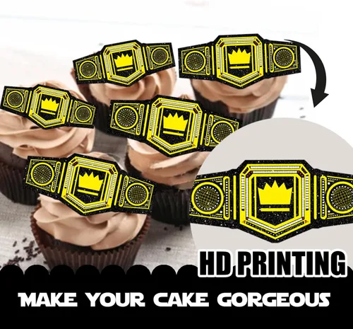 Miniatura 3 de 18 piezas de cinturón pesado con purpurina dorada para postre para cupcakes, decoración temática de campeón de lucha libre, suministros