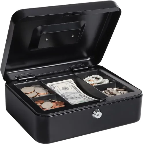 Miniatura 11 de Caja de dinero pequeña con bandeja de dinero y cerradura, caja de dinero de metal para efectivo, caja de seguridad de 7.87 x 6.3 x 3.54 pulgadas