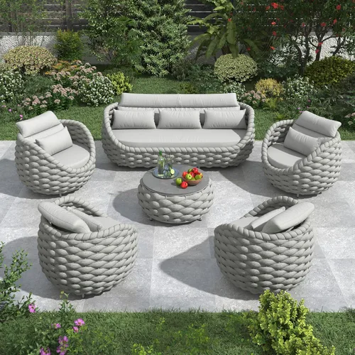Miniatura 37 de Juego de muebles de patio de cuerda de 4 piezas: conjunto de sofás al aire libre de aluminio acolchado - sofá de conversación moderno ensamblado