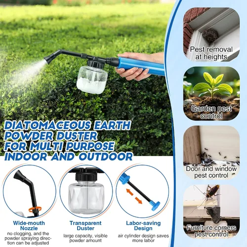 Miniatura 5 de Qualirey Paquete de 2 aplicadores de tierra de diatomeas, dispensador de polvo de jardín de 250ml, rociador de perilla aplicadora de polvo, Azul
