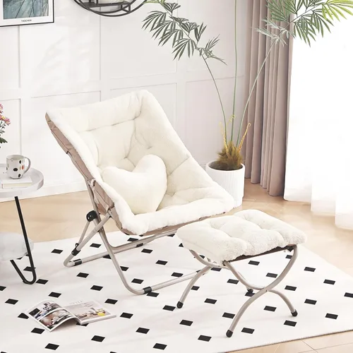 Silla Platillo con Otomán, Cómoda Silla Plegable de Gran Tamaño, Silla de Lectura de Piel Sintética para Adultos, Silla Perezosa Plegable de Acento,