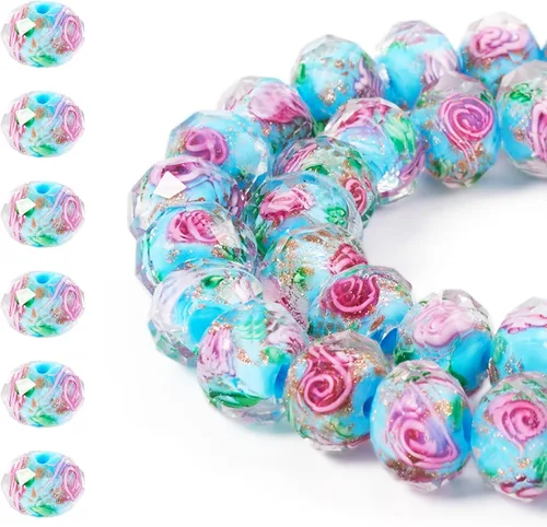 Miniatura 16 de Craftdady 96 cuentas de cristal redondas con arena dorada, 24 estilos hechos a mano que brillan en la oscuridad, cuentas espaciadoras sueltas