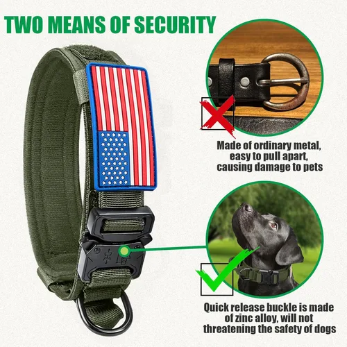 Miniatura 3 de Collar táctico militar para perro, nailon ajustable, hebilla de metal resistente con asa para entrenamiento, parches (verde, XL)