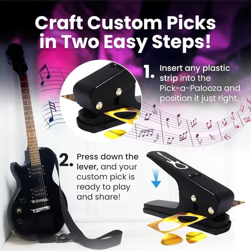 Miniatura 4 de Pack de regalo Pick-a-Palooza DIY para punzón de púa de guitarra - Fabricante de púas premium con llavero de cuero, 4 tiras y una lima - Negro