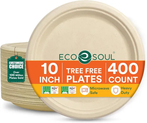 Miniatura 24 de ECO SOUL Compostable Paper Plates 9 Inch, 500 Pack – Heavy Duty Disposable Dinner Paper Plates, White Bagasse, Leak-Resistant, Microwave Safe