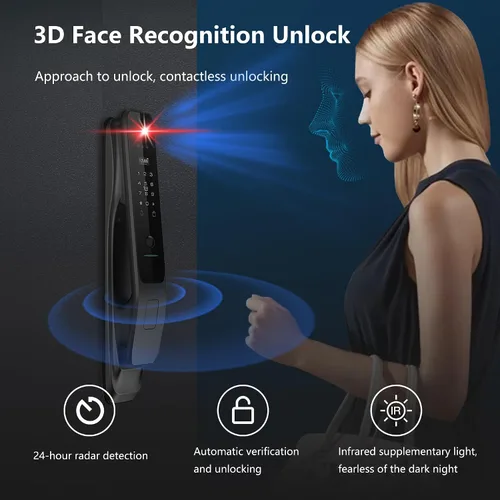 Miniatura 3 de Cerradura Inteligente de Reconocimiento Facial 3D con Cámara, Cerradura de Puerta con Teclado con Manija, Cerradura Inteligente de Mortaja sin Llave