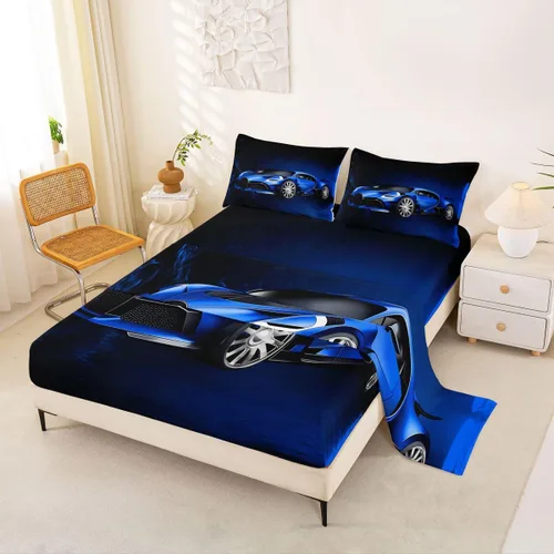 Feelyou Juego de sábanas de coche deportivo azul para niños y niñas, juego de sábanas de deportes extremos, sábanas de lujo para decoración de auto