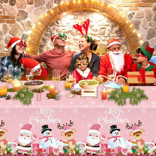 Miniatura 6 de Tiamon Mantel de Navidad rosa de 60 x 84 pulgadas para mesa rectangular, tela lavable a prueba de agua, cubierta de muñeco de nieve y Papá Noel
