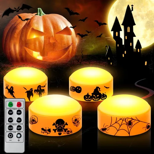4 piezas de luces LED para calabaza de Halloween con temporizador y control remoto, luz naranja Jack-O-Linterna operada con pilas para decoración de