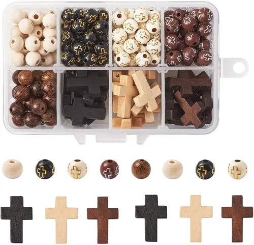 KISSITTY Kit de rosario para hacer rosario, cuentas de rosario de 0.315 in de Pascua, redondas, de madera, acrílico, cruz, espaciadores, cruz,