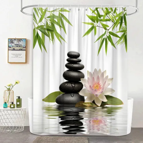 Cortina de ducha de piedra zen, spa japonés, hojas de bambú, loto, meditación, minimalista, tela de poliéster, cortina de baño con ganchos, 35 x 70