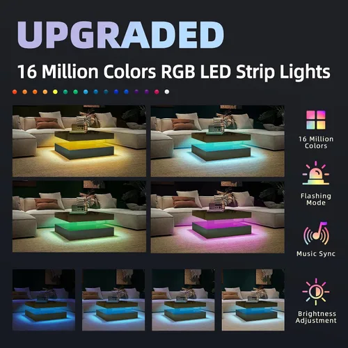 Miniatura 7 de Mesa auxiliar LED para sala de estar, mesa central cuadrada moderna de 2 niveles con luces de sincronización de música, superficie de alto brillo