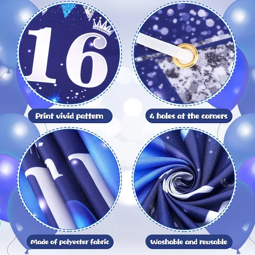 Miniatura 3 de Decoraciones azules de cumpleaños número 16 para niños y niñas - Pancarta feliz azul marino plateado y globos para suministros de fiesta