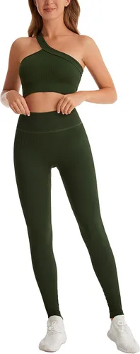 Miniatura 8 de Yknktstc Conjuntos de entrenamiento para mujer brasier deportivo acanalado sin costuras traje de 2 piezas cintura alta gimnasio yoga leggings