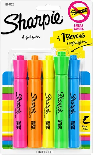 Sharpie Resaltadores de tanque, punta de cincel, colores surtidos, 4 unidades + 1 bono