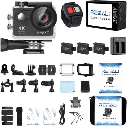 Miniatura 2 de REMALI CaptureCam 4K Ultra HD y 12MP - Kit de cámara de acción deportiva impermeable con funda de transporte, 3 baterías, cargador de batería doble