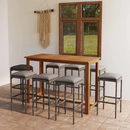 Ensemble de Bar de Jardin 9 Pièces en Bois d'Acacia Massif Gris, Table Rectangulaire et 8 Tabourets avec Coussin Amovible Pour Terrasse, Jardin, Grey