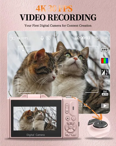 Miniatura 2 de Cámara digital 4K para fotografía y vlogging, cámara de YouTube con pantalla abatible de 180° de 3 pulgadas, enfoque automático, WiFi, zoom 18X